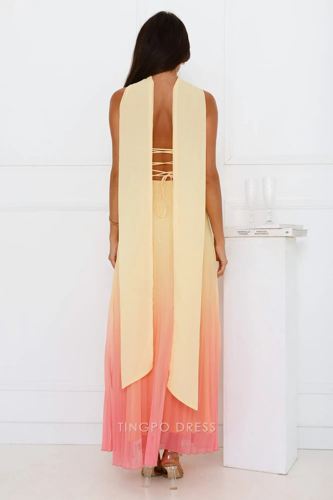 Gradient A-Line Off the Shoulder Sleeveless Crisscross Back Ankle-Length prom dress